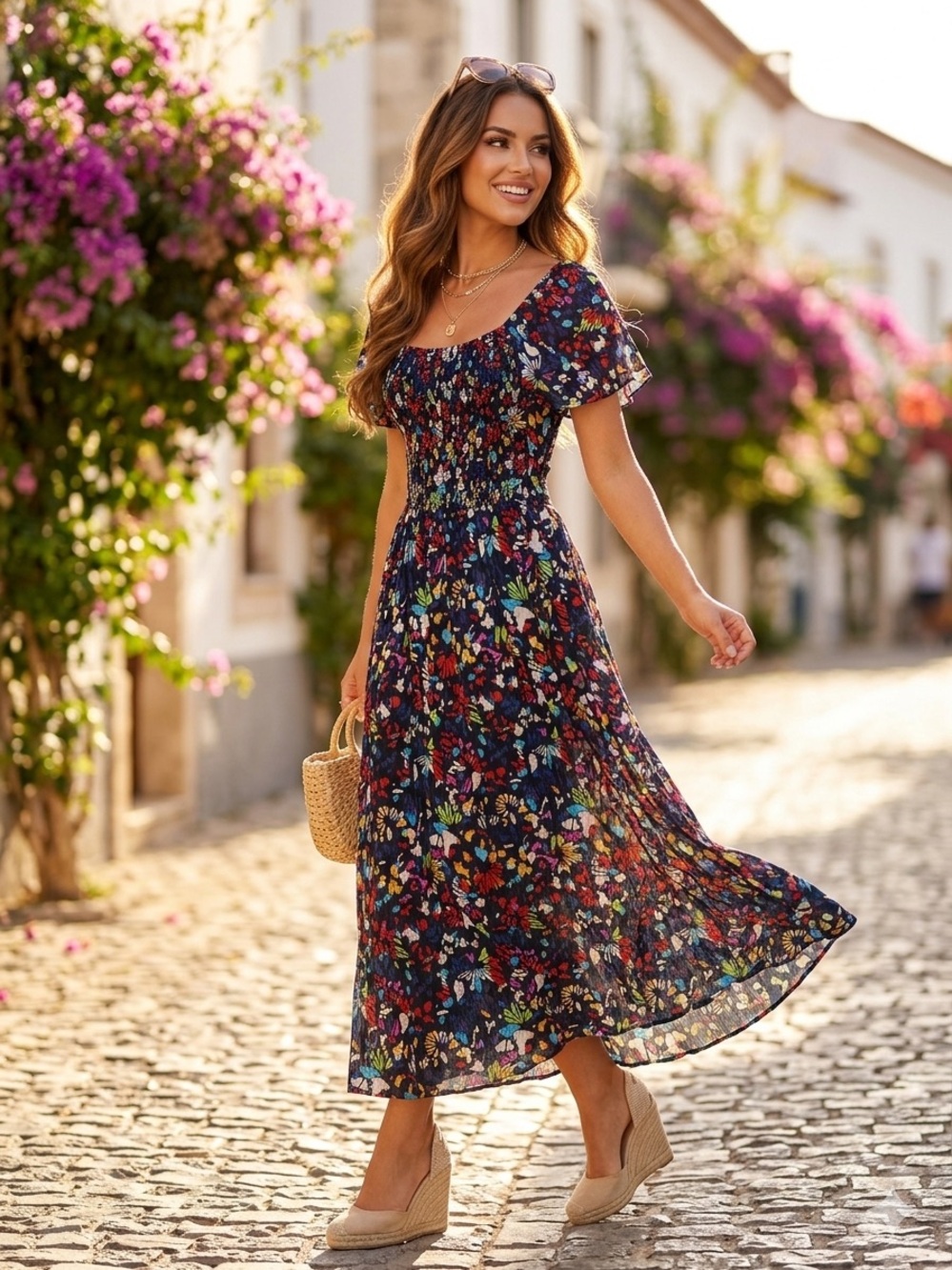 TANYA TAYLOR 100% Silk Floral Maxi Dress S Smocked Waist Flutter Sleeve Designer